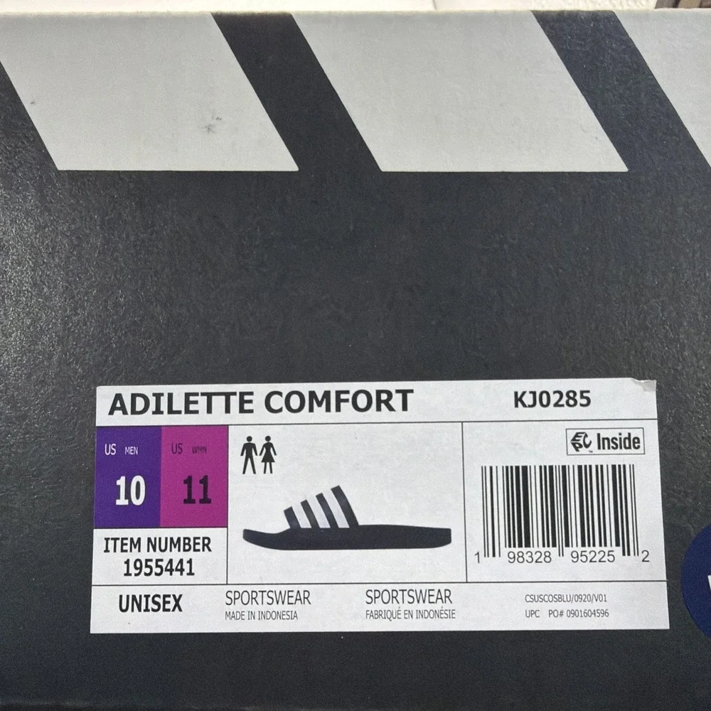 Adidas Adilette Comfort Slides - Navy /White Stripes - Men's 10- Women's 11